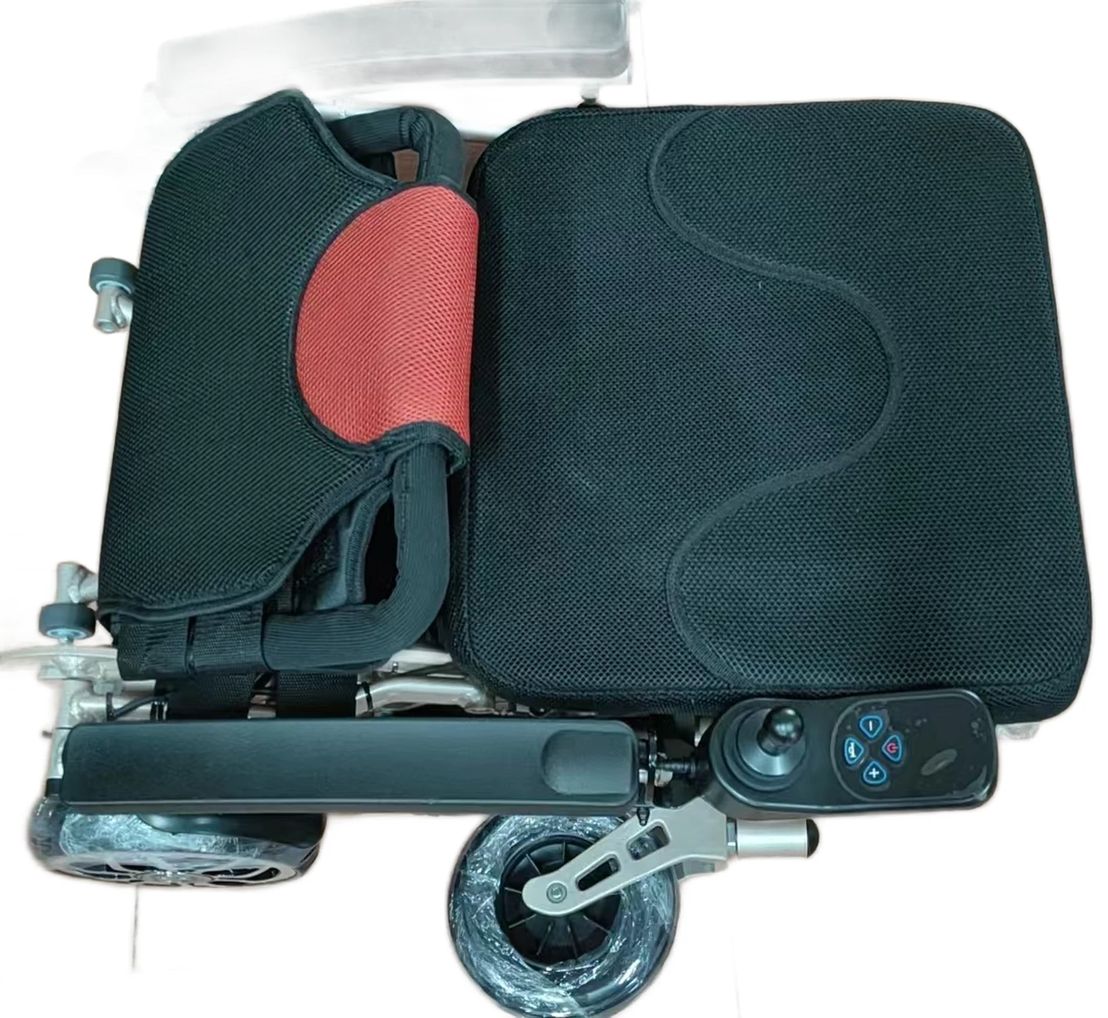 EW100 lightweight aluminum electric wheelchair, folded view showing compact folding size