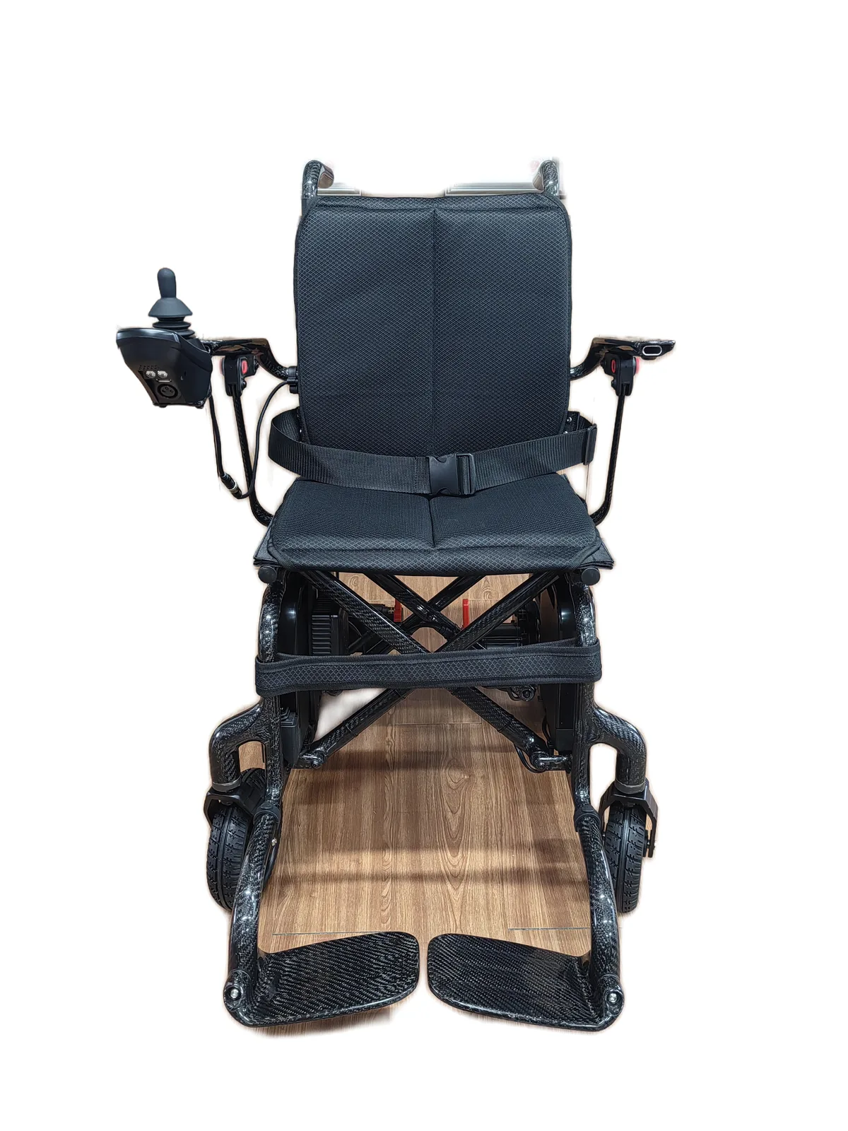 EW1000 carbon fiber electric wheelchair, front view showing X-shaped folding frame