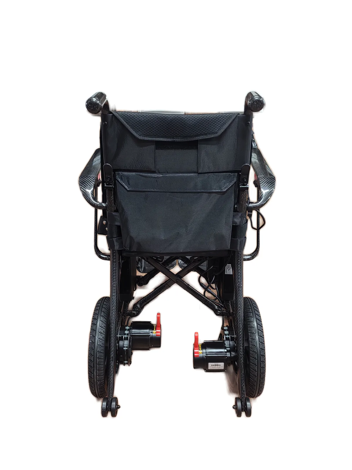 EW1000 carbon fiber electric wheelchair, rear view showing dual 250W brushless motors