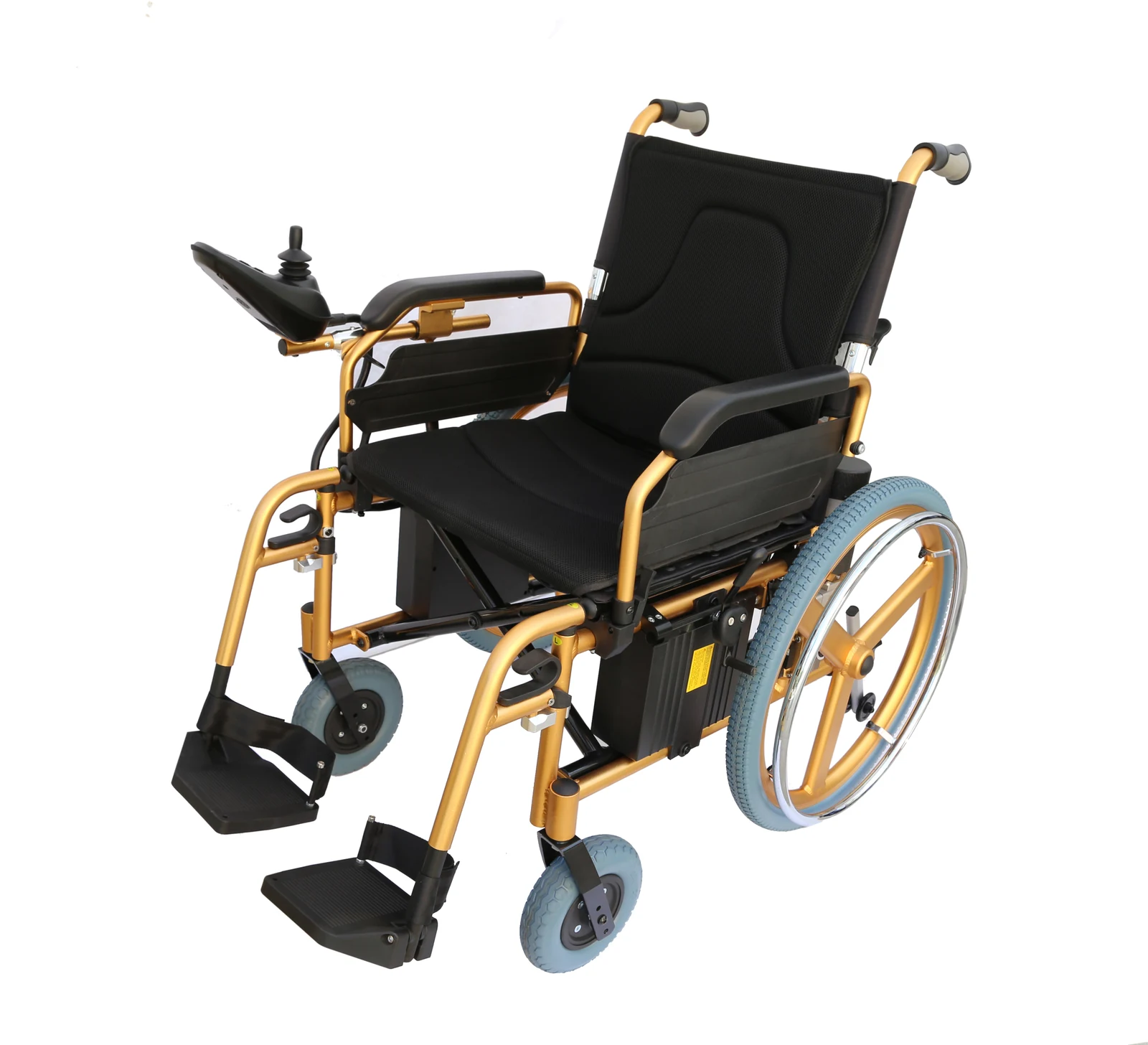 EW8703G big wheel electric wheelchair, three-quarter front view with gold frame