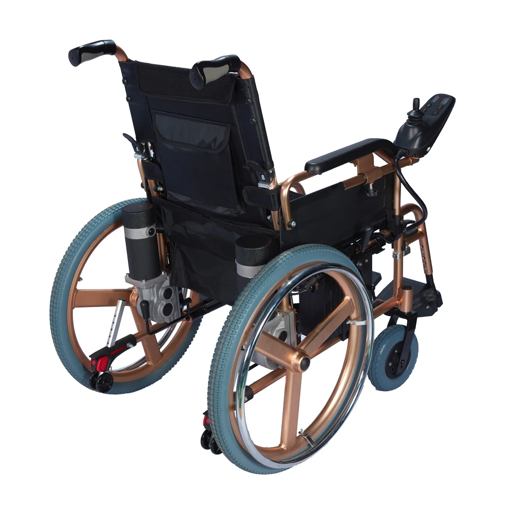 EW8703G big wheel electric wheelchair, rear view showing dual motors and battery