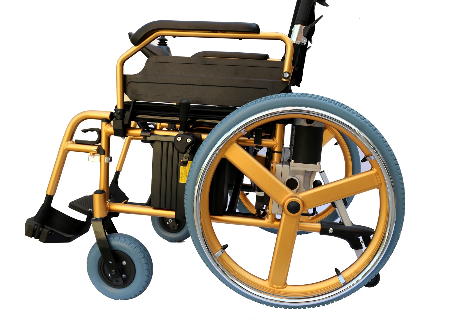 EW8703G big wheel electric wheelchair, close-up of 22-inch wheel, motor and battery
