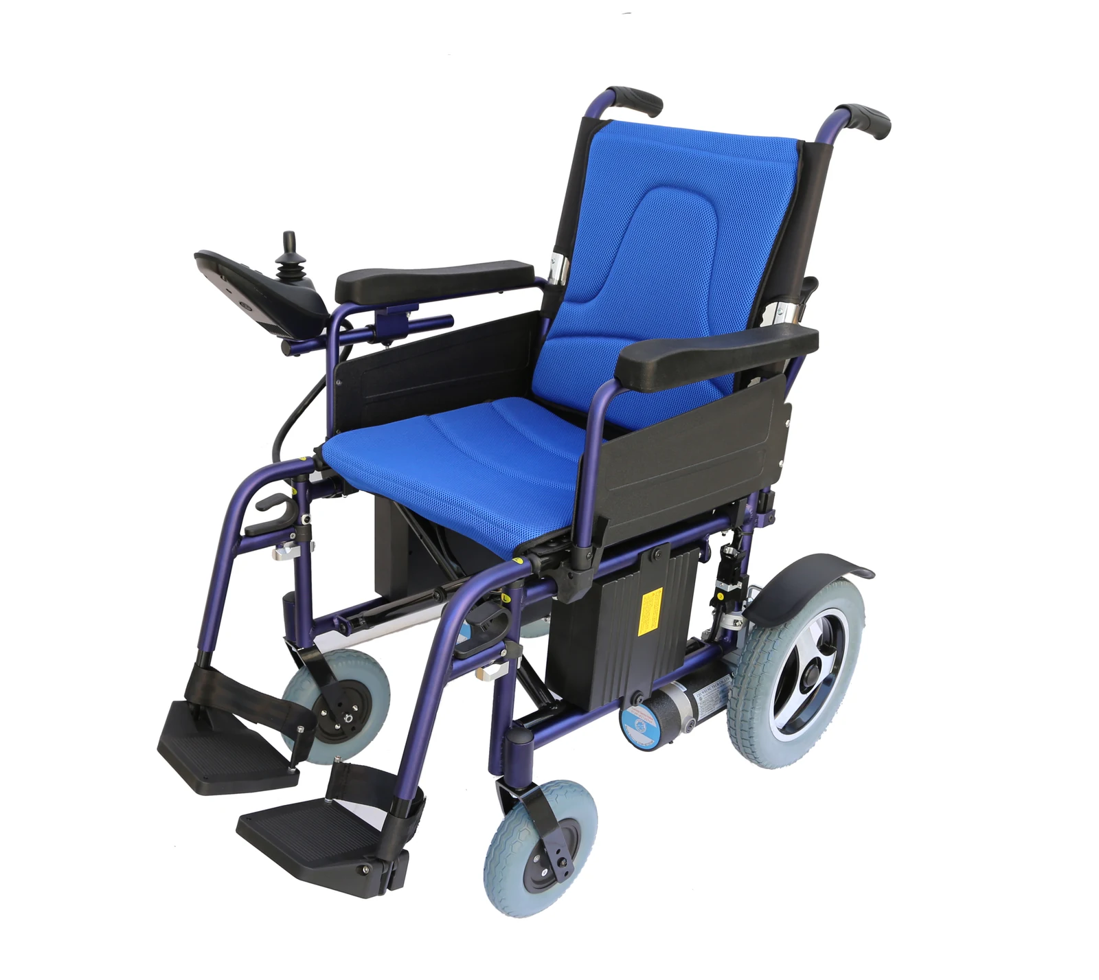 EW8722 durable folding electric wheelchair, three-quarter front view with blue cushions