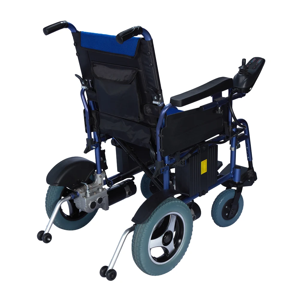 EW8722 durable folding electric wheelchair, rear view showing dual motors and battery pack