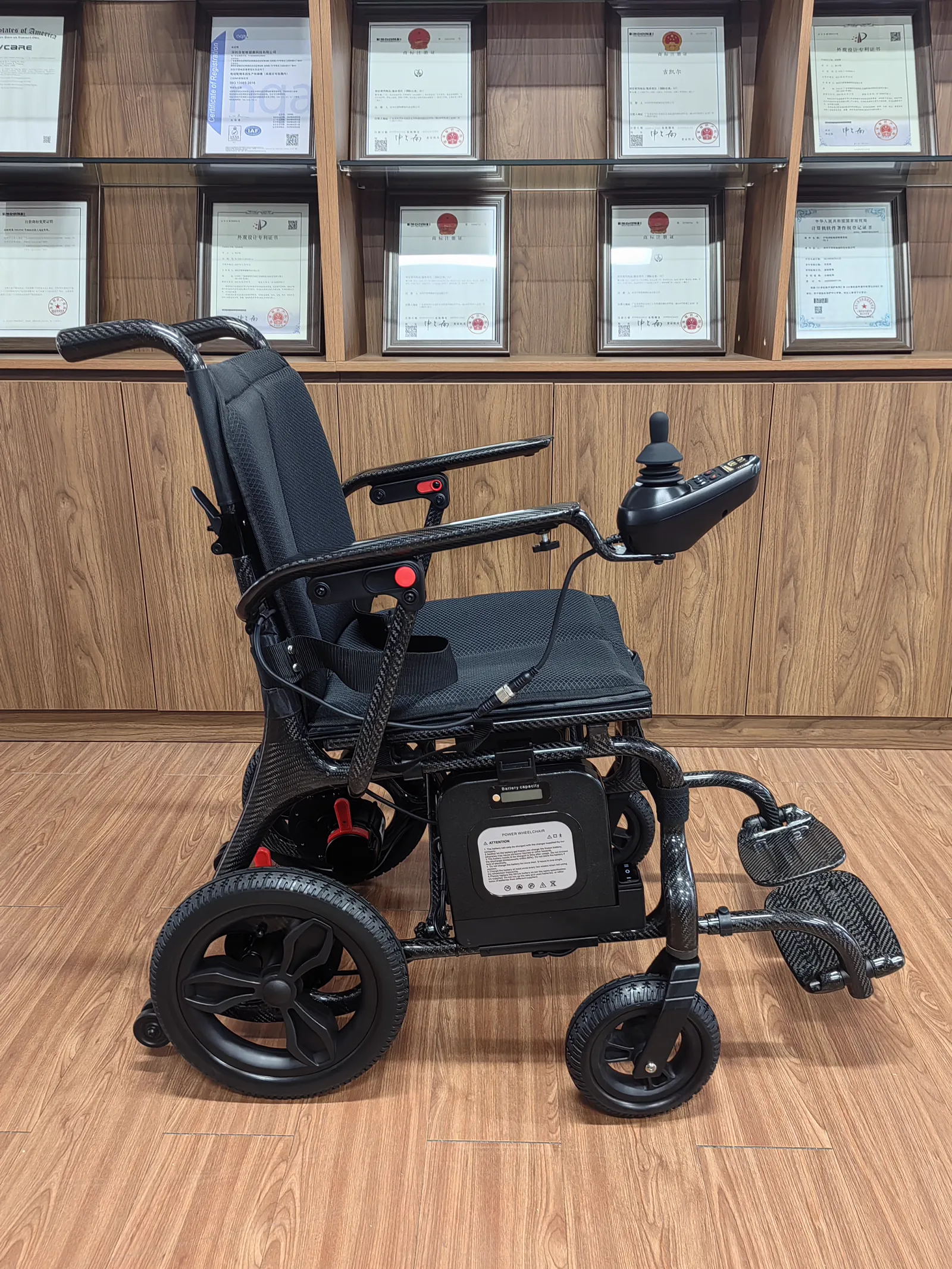 ZVCARE EW1000 carbon fiber electric wheelchair in factory showroom