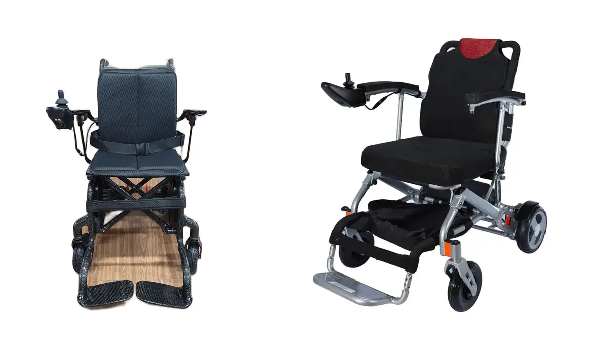 Carbon fiber and aluminum folding electric wheelchair frames side by side