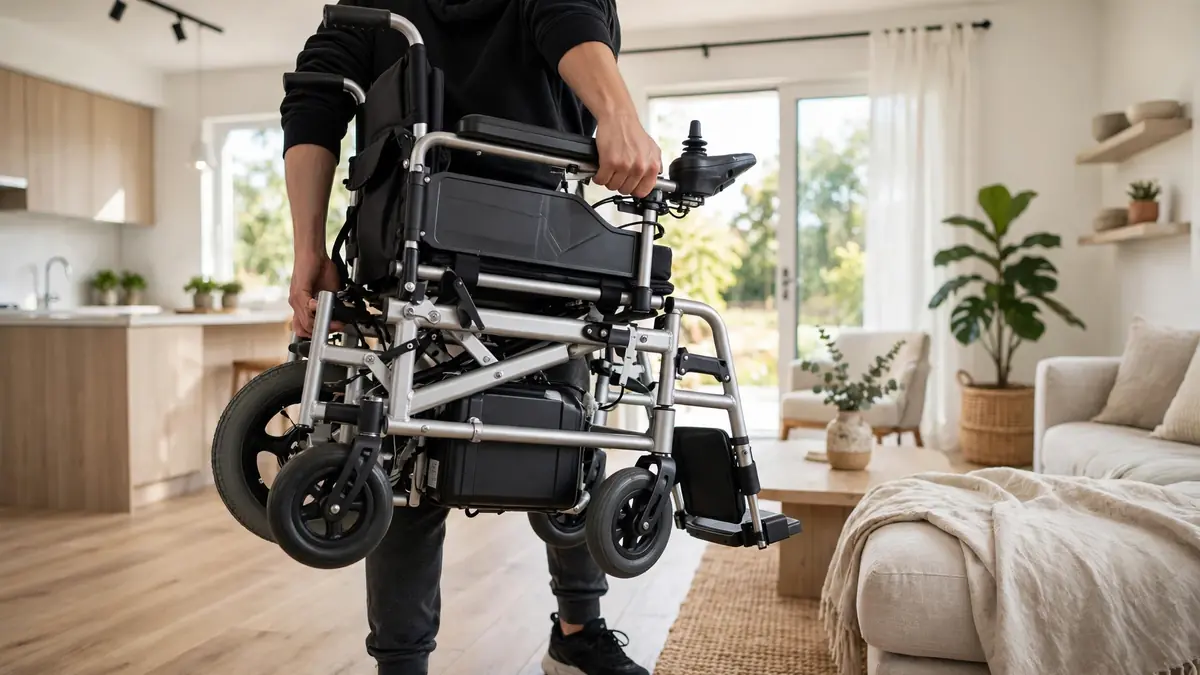 Caregiver lifting a folded electric wheelchair