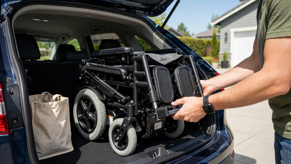 Folded electric wheelchairs loaded into a car trunk
