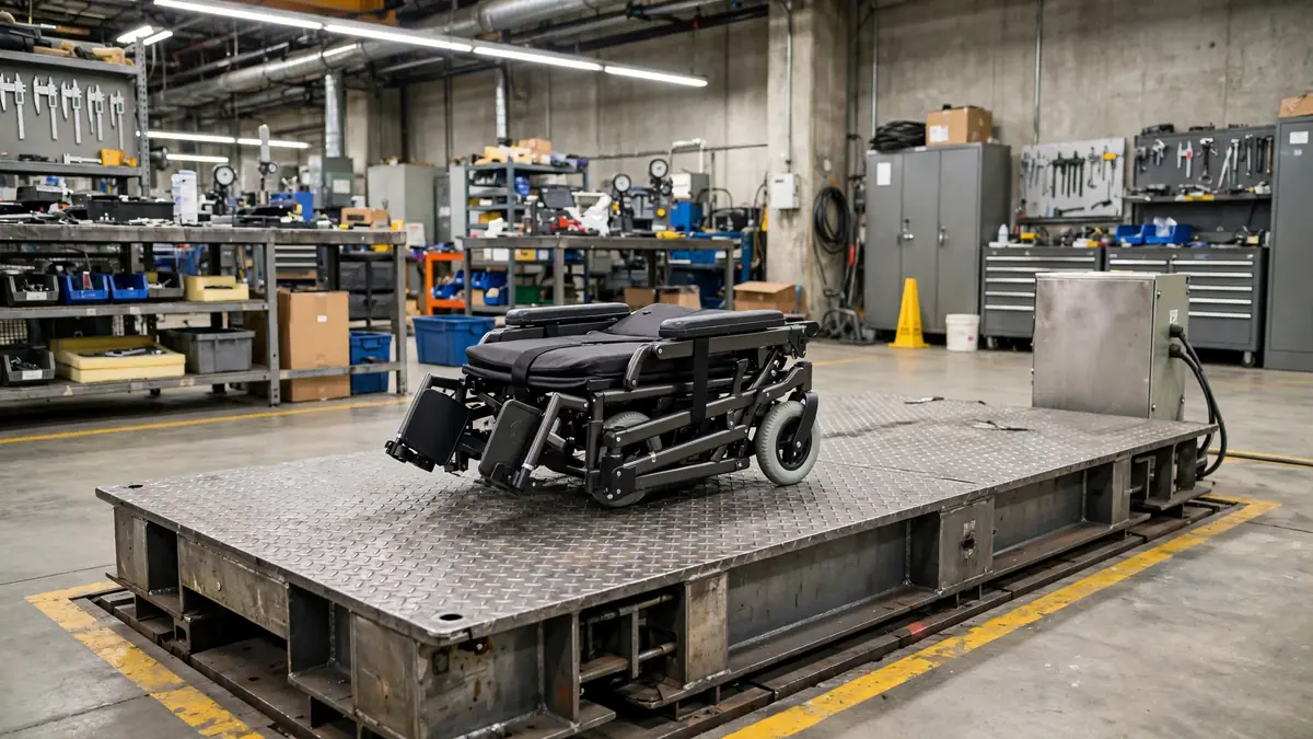 Folding electric wheelchair being weighed on an industrial scale