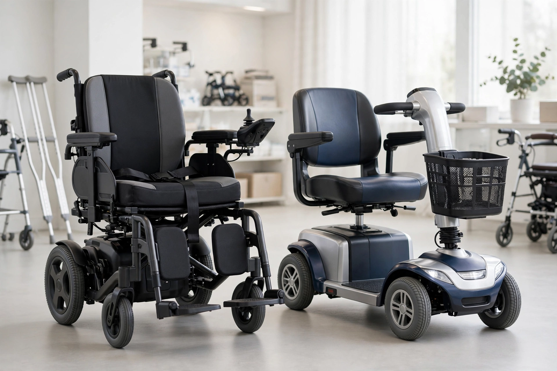 Electric wheelchair and mobility scooter side by side