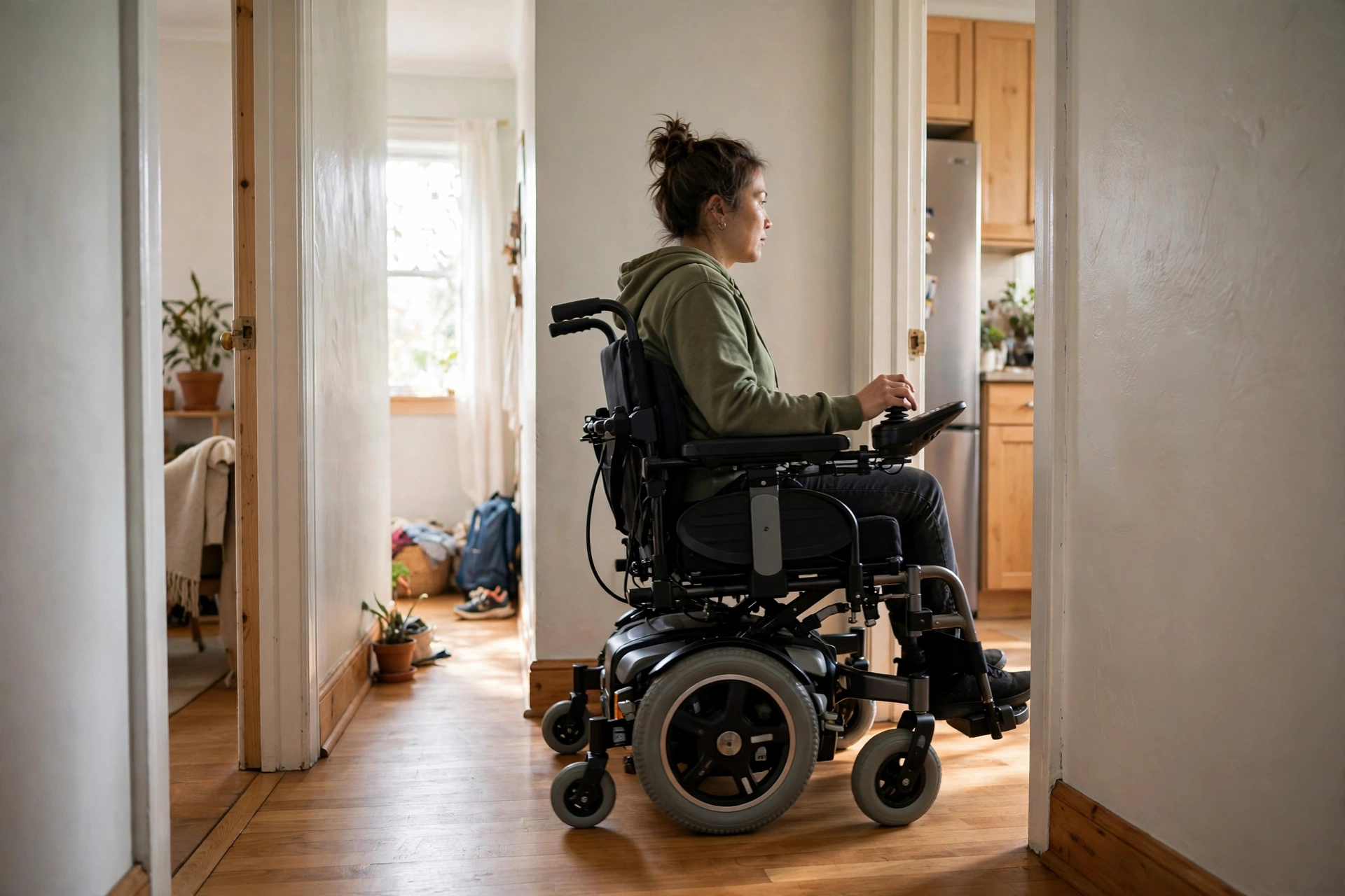 Electric wheelchair in narrow hallway