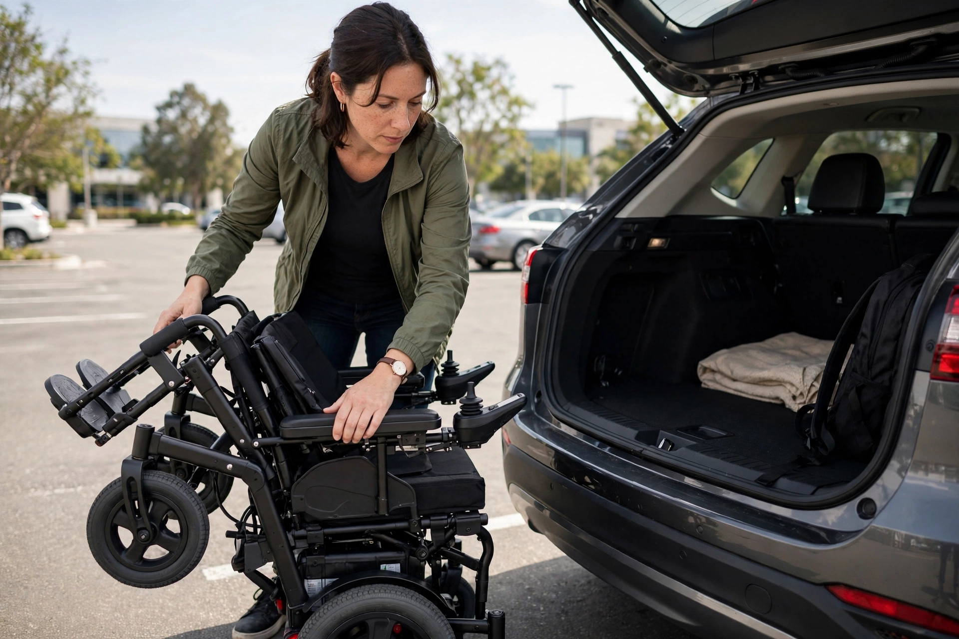 Folding wheelchair into car trunk