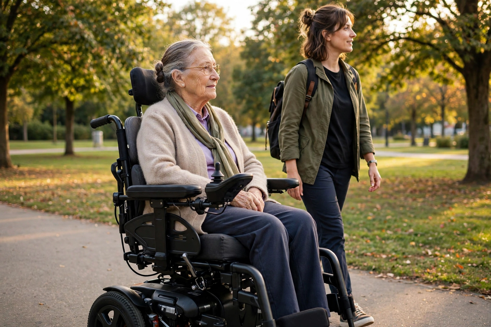 Elderly person using electric wheelchair in park